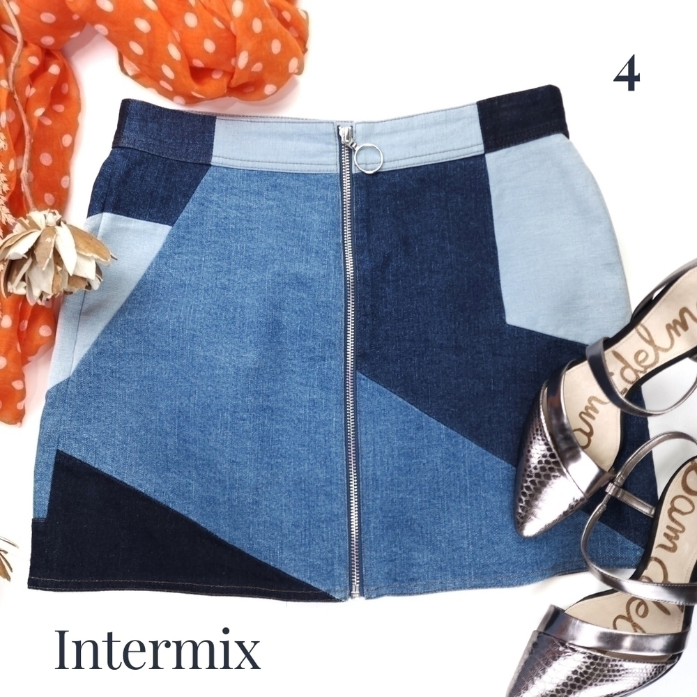 NEW Intermix Luxury Brand Blue Denim Front Zippered Skirt Sz 4